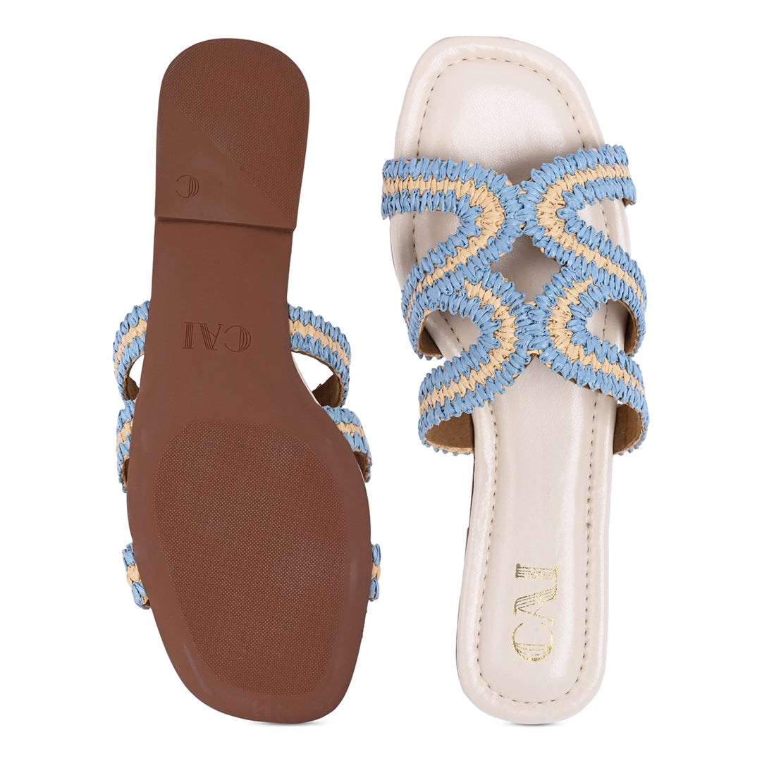 Wavy Beige and Blue Raffia Flat