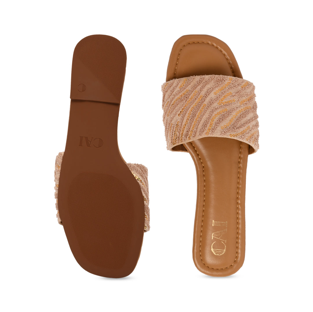 Beige Thread Sequin Flat