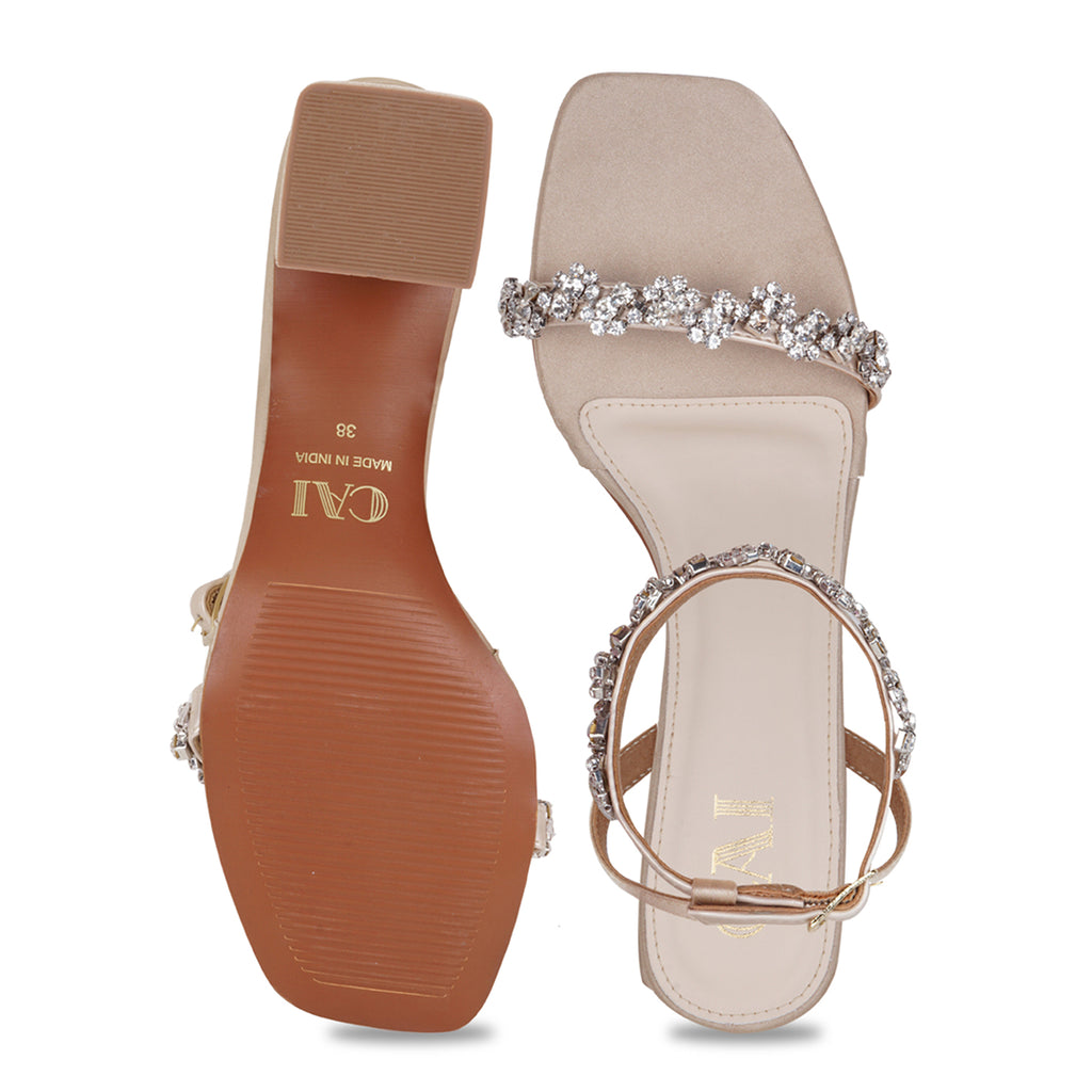 Floral Ankle Strap Gold Heels
