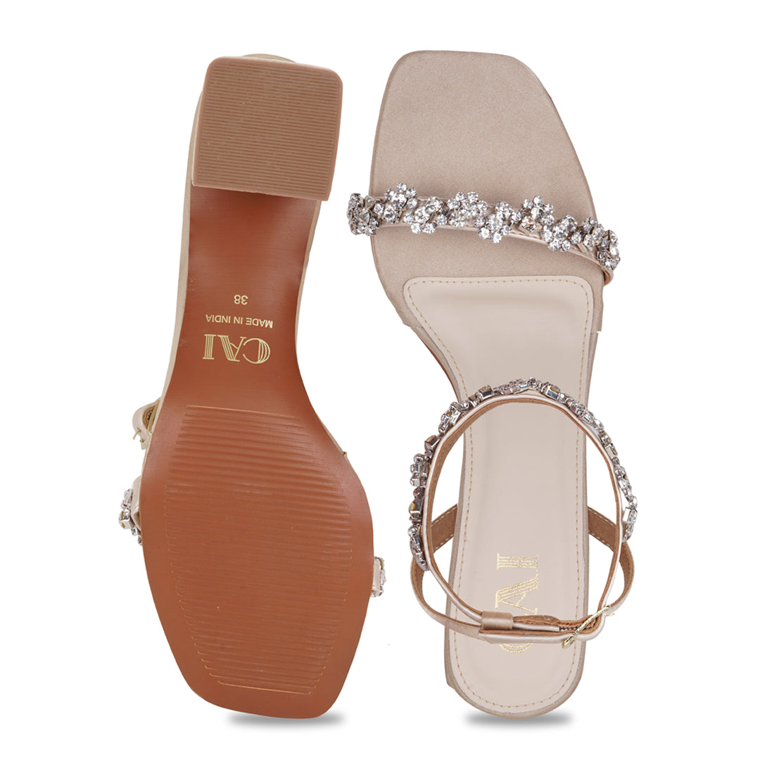 Floral Ankle Strap Gold Heels