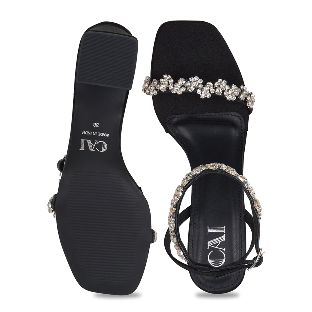 Floral Ankle Strap Black Heels