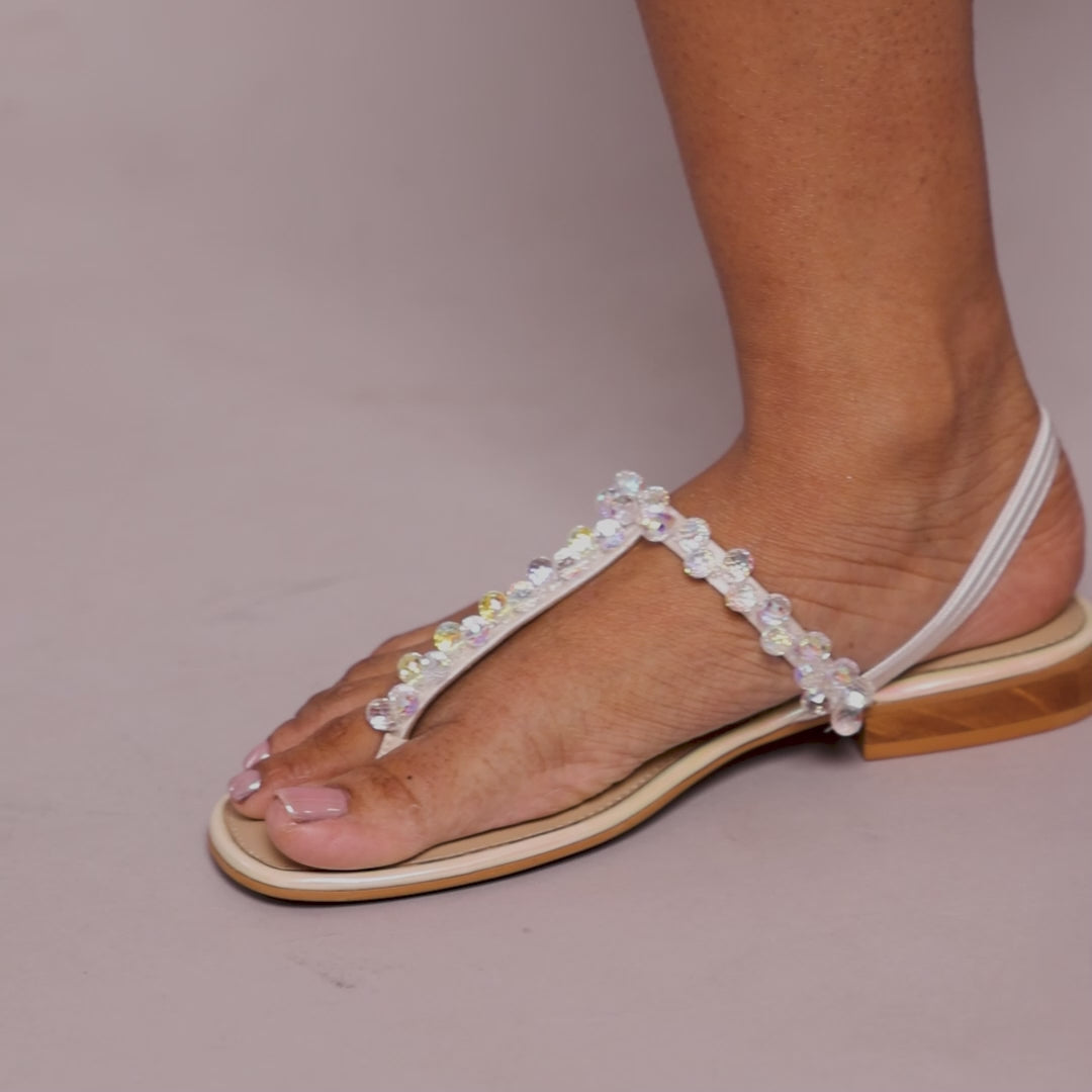 T-strap White Crystal Thong Flats