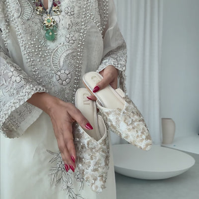 Cream Flower Mule Flat