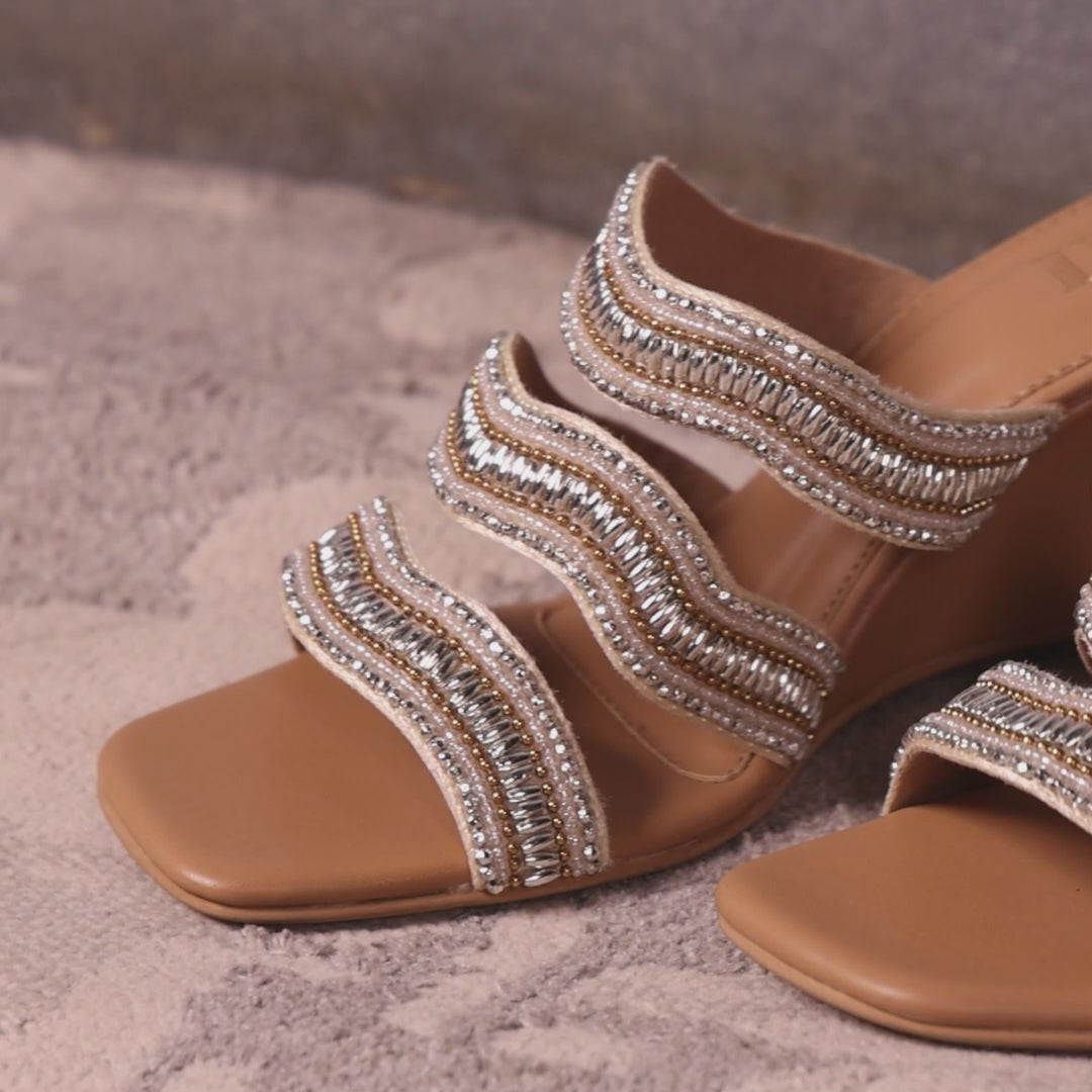 Gold Wavy Beaded Nude Wedge