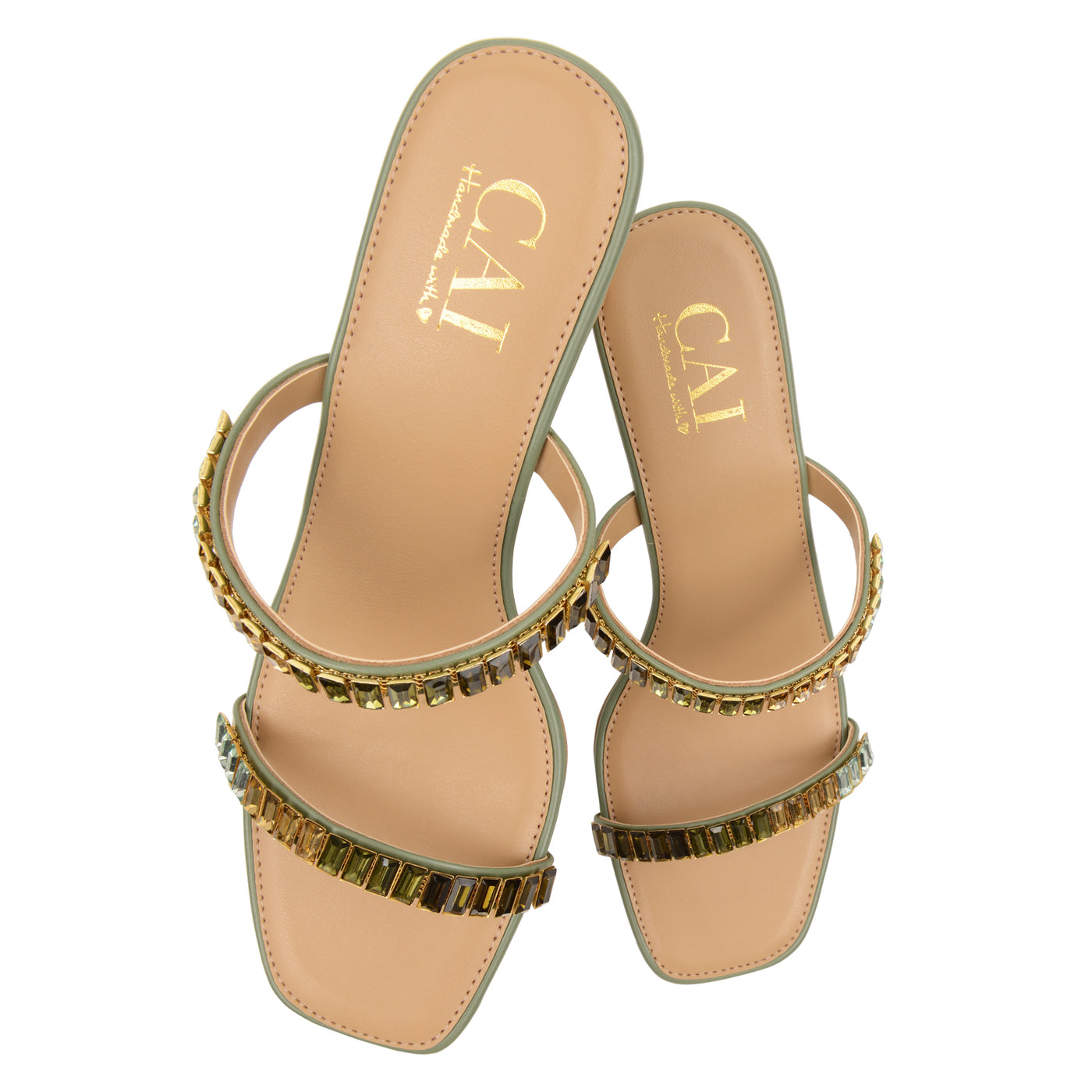Two Strap Olive Embellished Heels at The Cai Store