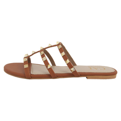 Studded Slide Tan Flat Sandals