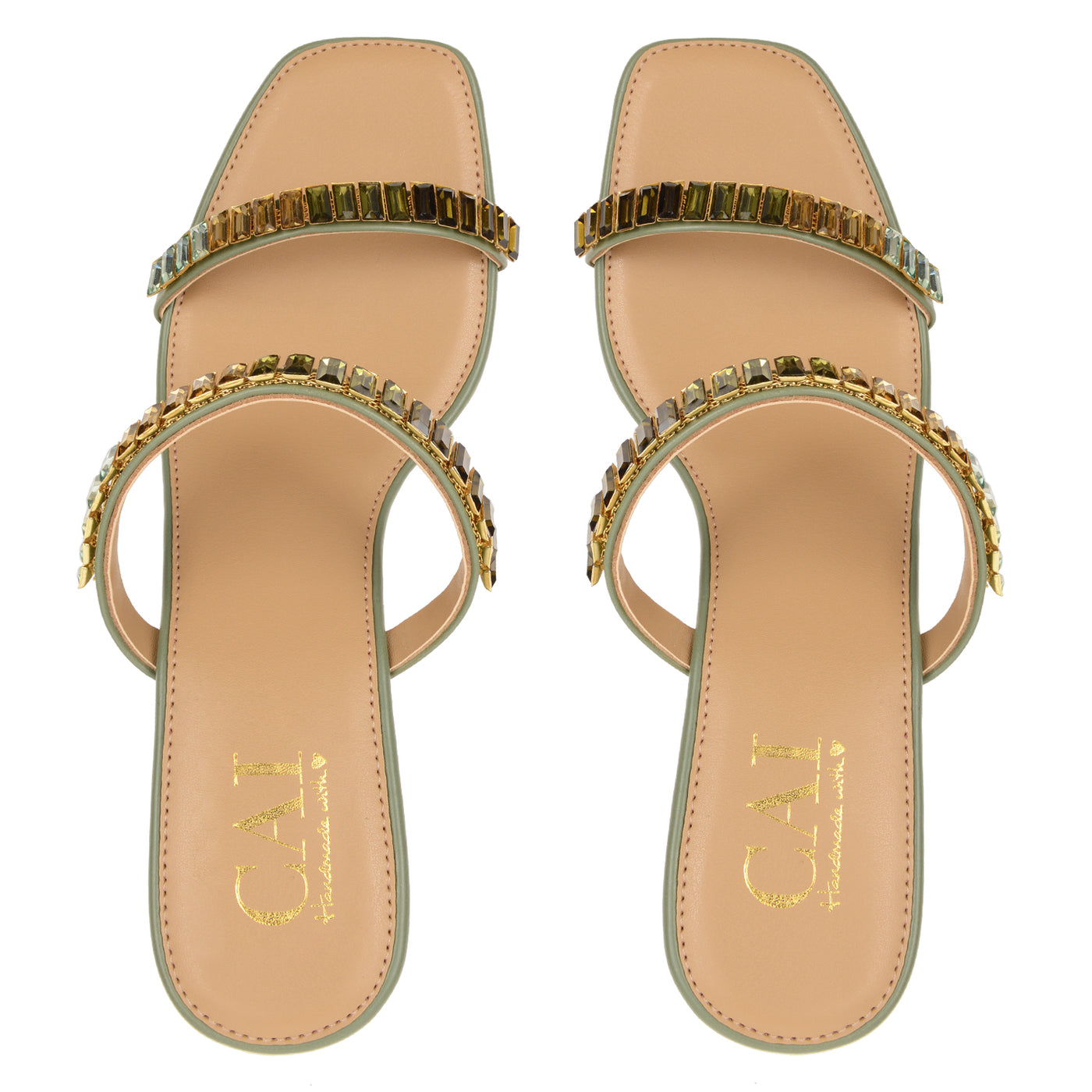 Two Strap Olive Embellished Heels For Ladies