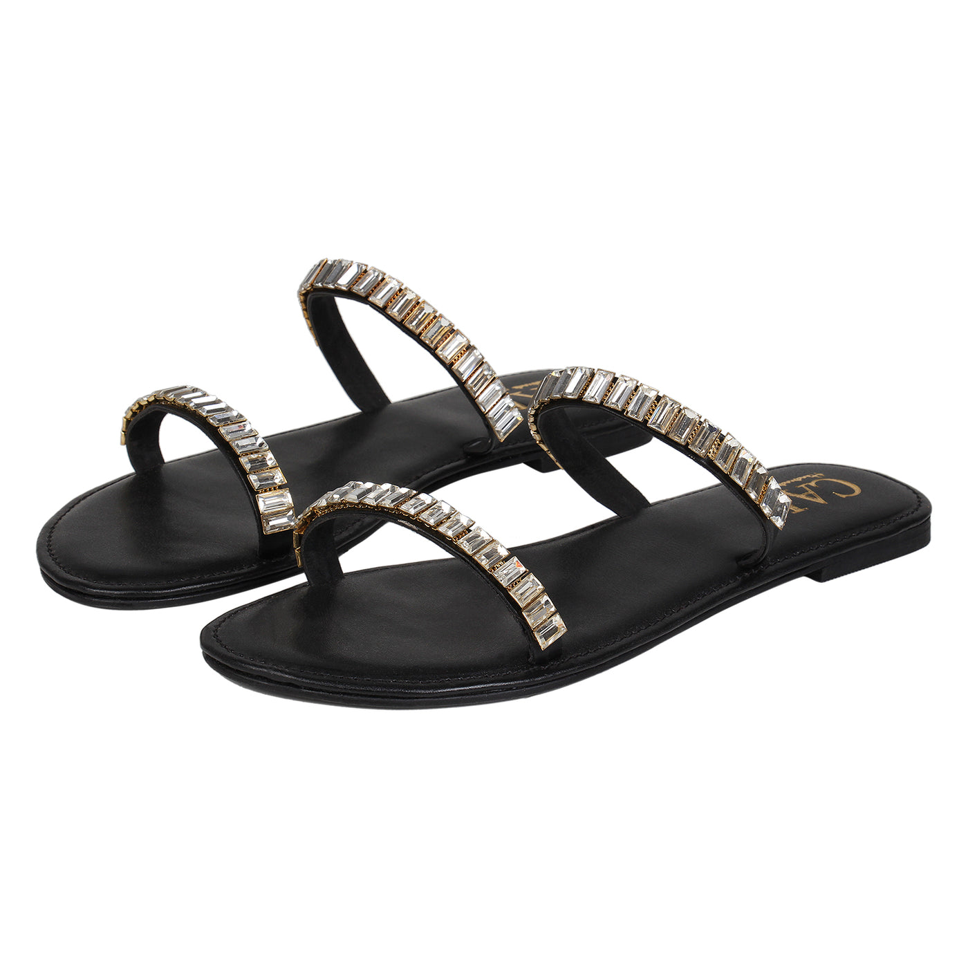 Two Strap Embellished Black Flats