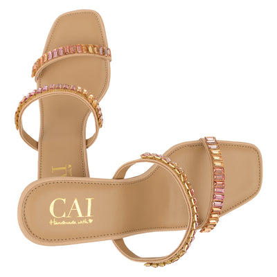 Two Strap Beige Embellished Heels at The Cai Store