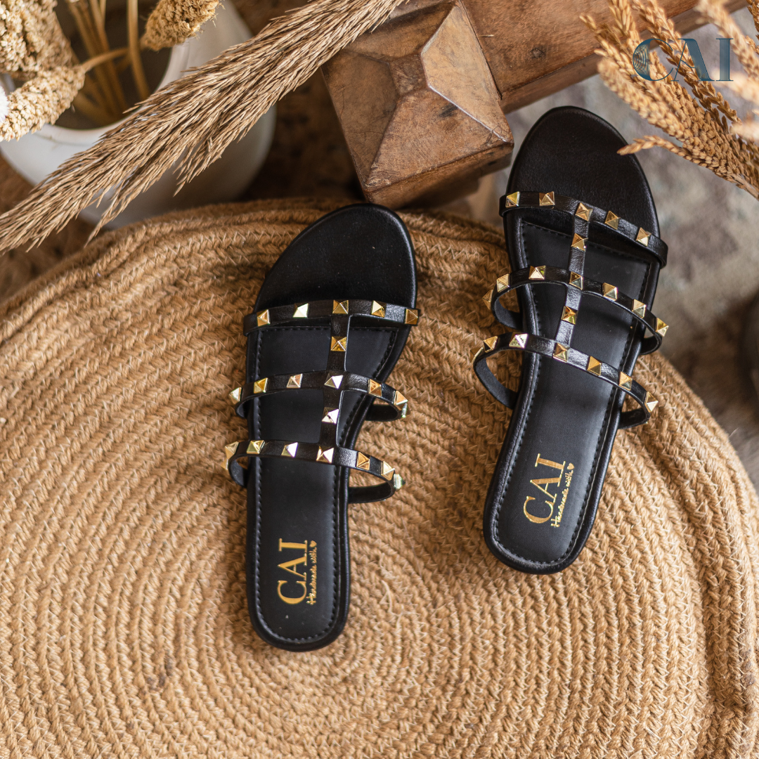 Women s Flats Buy Studded Slide Black Flat Sandals for Women Online Cai Store The CAI Store