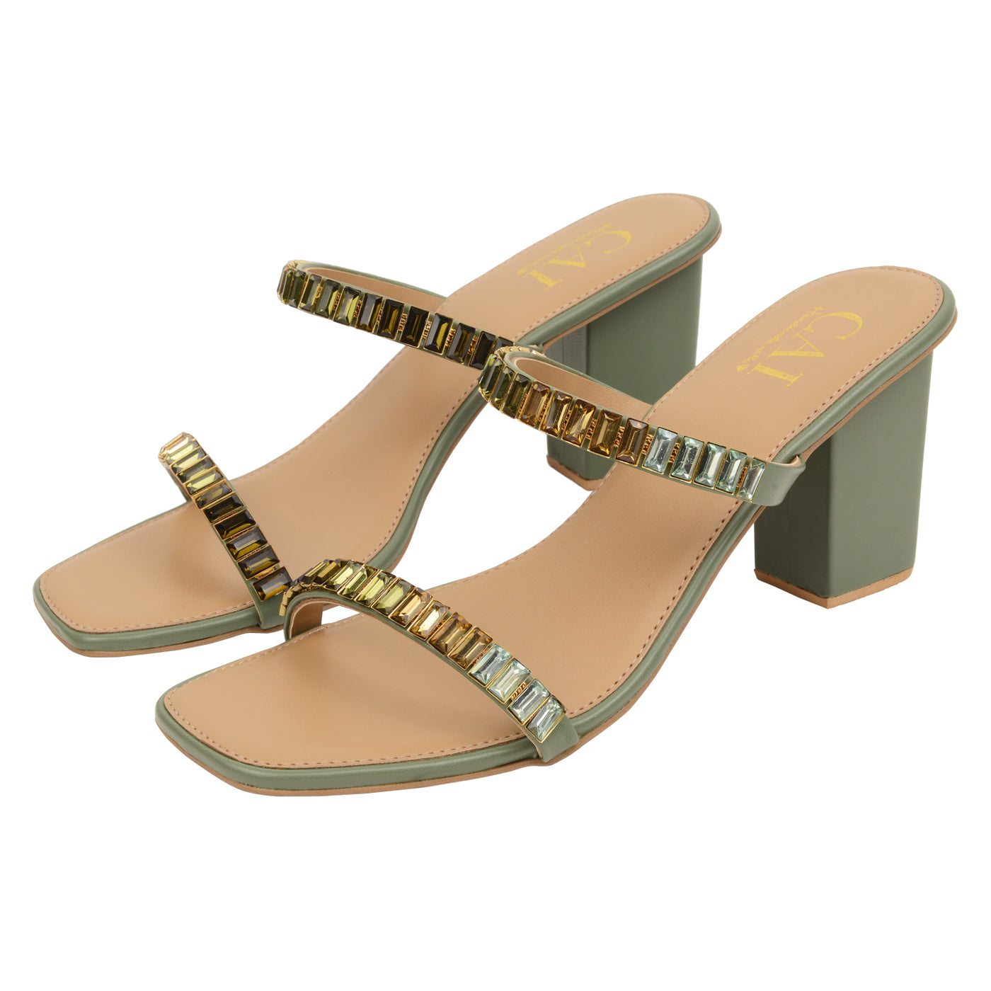 Two Strap Olive Embellished Heels for Women