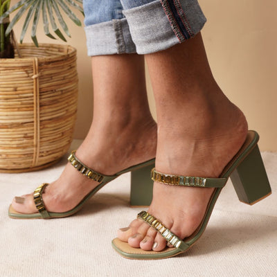 Two Strap Olive Embellished Heels Online