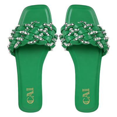 Green Braided Stud Flats