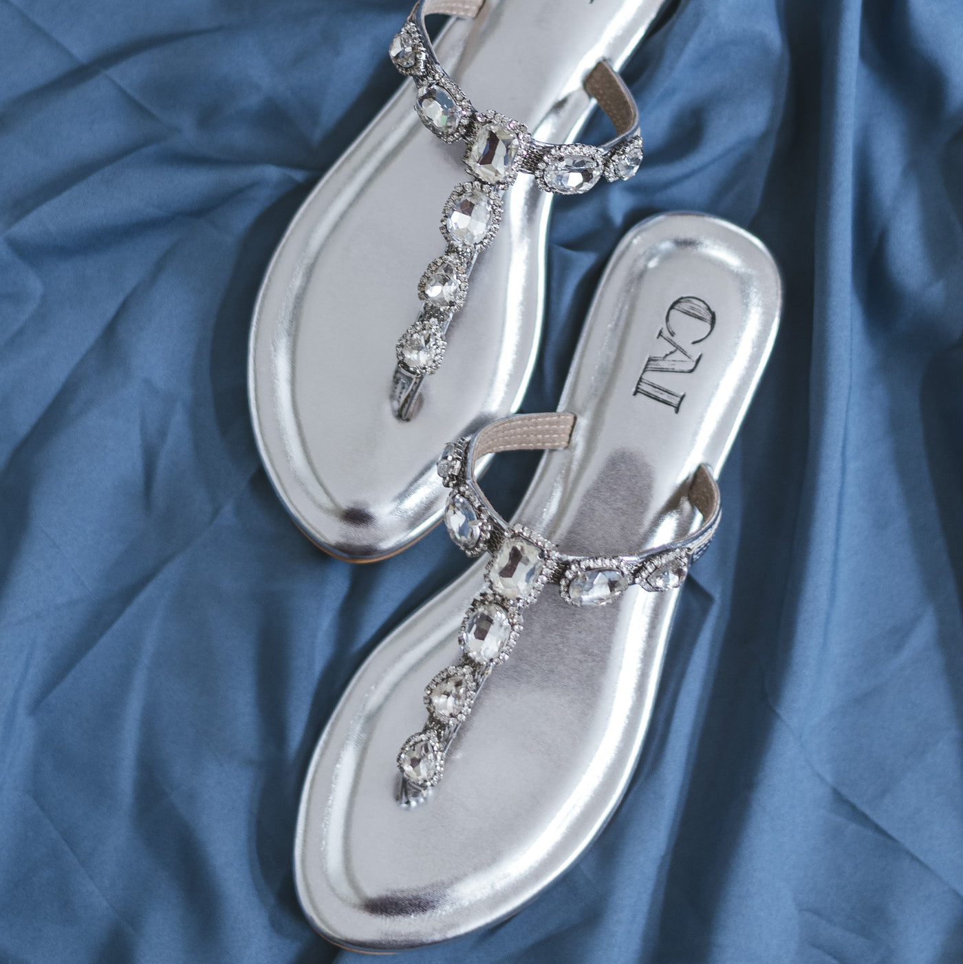 Silver Jewel T strap Flats