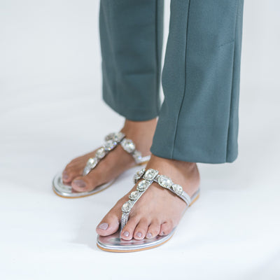 Silver Jewel T strap Flats