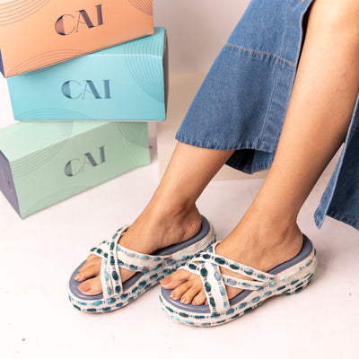 Cross Strapped Blue Wedges