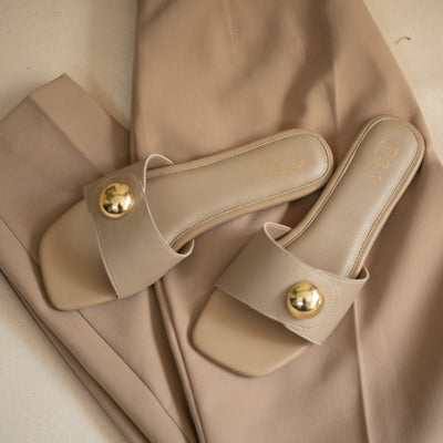 Button Up Beige Slides For Womens