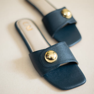 Button Up Navy Slides For Women